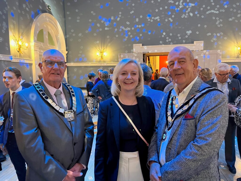 Swaffham Assembly Rooms restoration celebration event<br />Liz Truss, MP for South West Norfolk with (L) Cllr Peter Wilkinson, Chairman of Breckland Council, and (R) Stewart Bell, Mayor of Swaffham