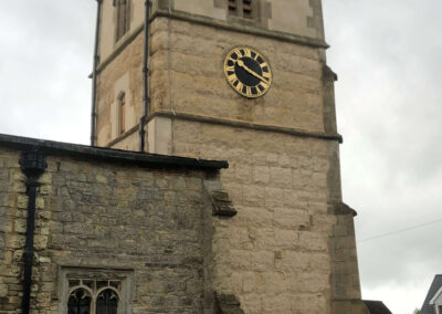Conservation work to the church included new stonework and louvres to belfry level with shelter coating below .