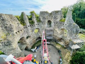 Two MEWPS were used to access the higher elevations and wall heads working from the inside and outside of the keep in tandem