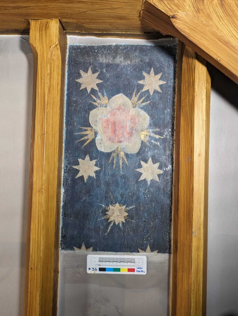 Nottingham Cathedral 'Restoring Pugin Project: Ceiling panel with flower motif and gilded starbursts in addition to the golden stars found throughout the Cathedral.