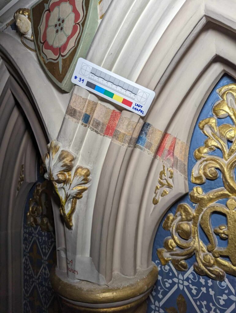 Nottingham Cathedral 'Restoring Pugin Project, Stratigraphy windows on the Lady Chapel reredos mouldings.