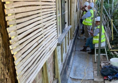 New timber laths fixed during conservation works at Walpole Old Chapel, Suffolk.