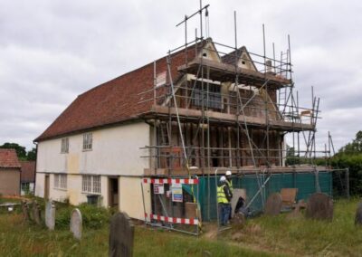 Scaffolding erected around the north elevation of Grade II* listed Walpole Old Chapel during structural conservation repairs.