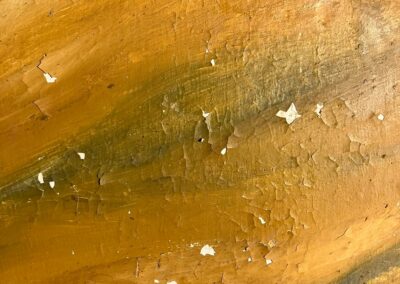 Close-up of painted surface showing active cupping and flaking across the surface of the Burghers of Calais mural at Plumpton House, before conservation treatment