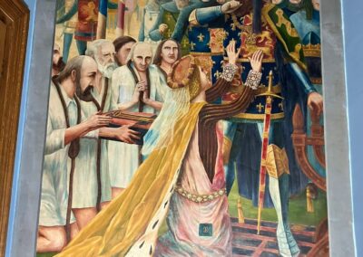 Full view of the Burghers of Calais wall painting by Robert De Lannoy in the entrance hall at Plumpton House, following conservation treatment by Cliveden Conservation.